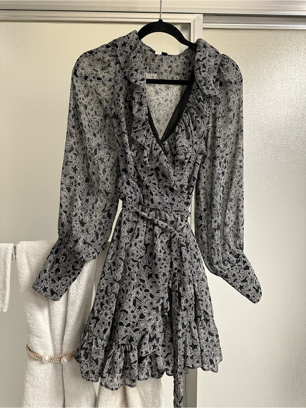 Topshop Black and White Star Print Ruffle Wrap Mini Tea Dress US 8
